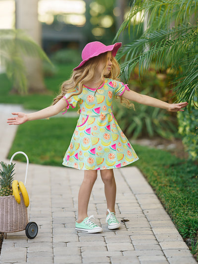Little Girls Resort Wear | Tropical Fruit Print Capped Sleeve Dress