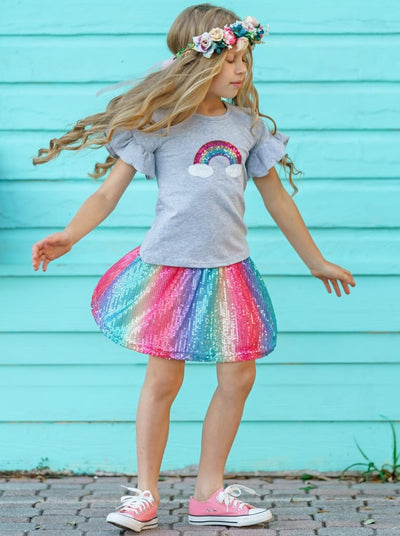 Girls Spring Outfits | Rainbows & Clouds Top & Sequin Skirt Set