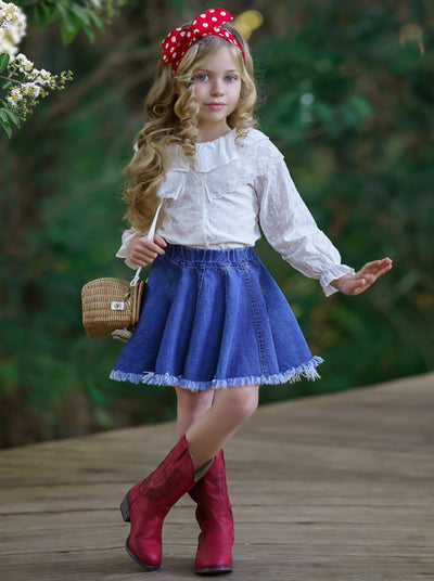 Girls Long Sleeved Collared Top and Denim Skirt Set White 2T-10Y