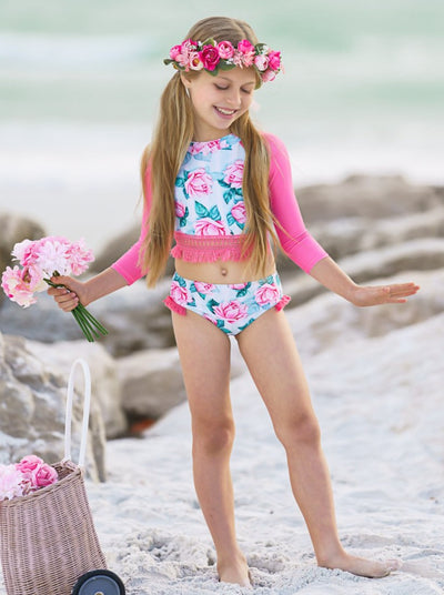 Kids Swimsuits | Little Girl Rose Print Rash Guard Two Piece Swimsuit