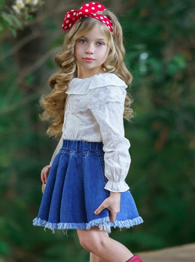 Girls Long Sleeved Collared Top and Denim Skirt Set White 2T-10Y