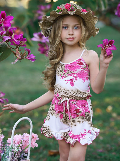 Toddler Spring Clothes | Leopard Floral Drawstring Ruffled Hem Romper