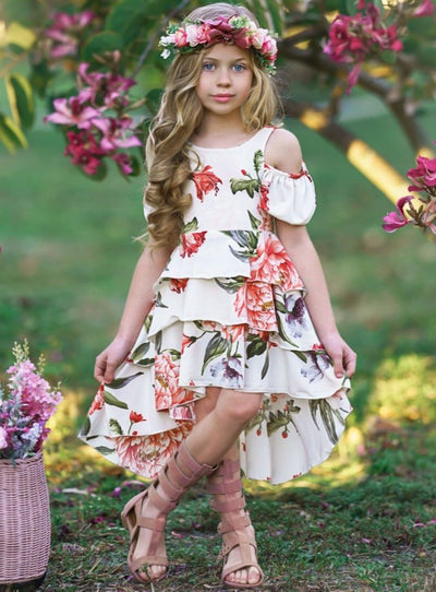 Girls Spring floral dress features cold-shoulder puff sleeves and hi-lo three-tier shirt - 2T/3T-10Y/12Y