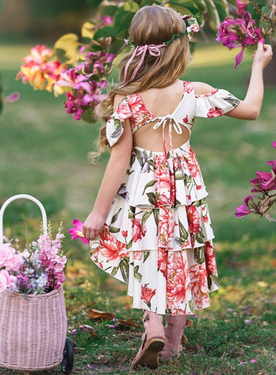 Girls Spring floral dress features cold-shoulder puff sleeves and hi-lo three-tier shirt - 2T/3T-10Y/12Y
