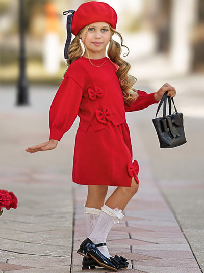 Preppy Chic Outfit | Red Bowknot Sweater & Skirt Set | Mia Belle Girls