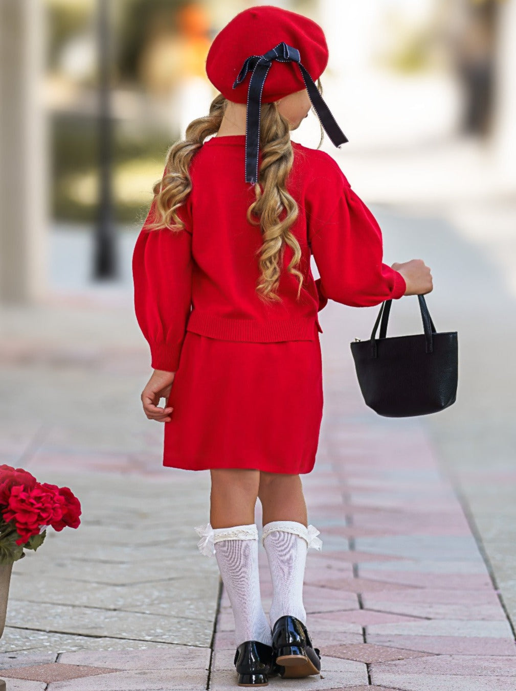 Preppy Chic Outfit | Red Bowknot Sweater & Skirt Set | Mia Belle Girls
