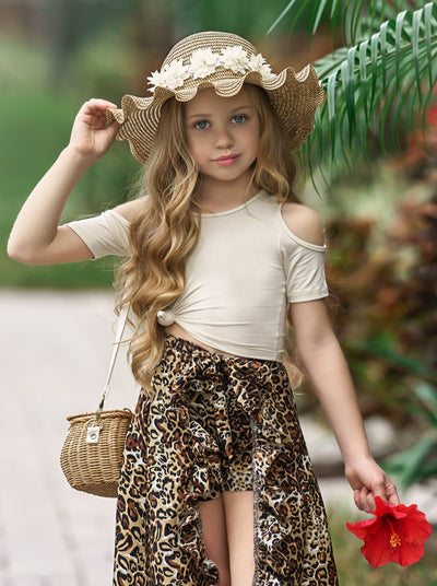 Mia Belle Girls Cold Shoulder Top Shorts and Ruffled Wrap Skirt Set
