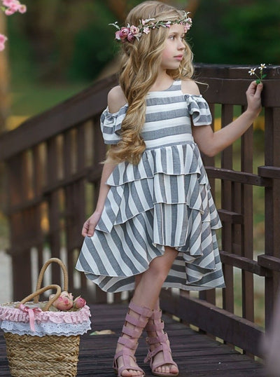 Girls Spring striped dress features cold-shoulders and a triple-layered hi-lo skirt - 2T/3T - 10Y/12Y