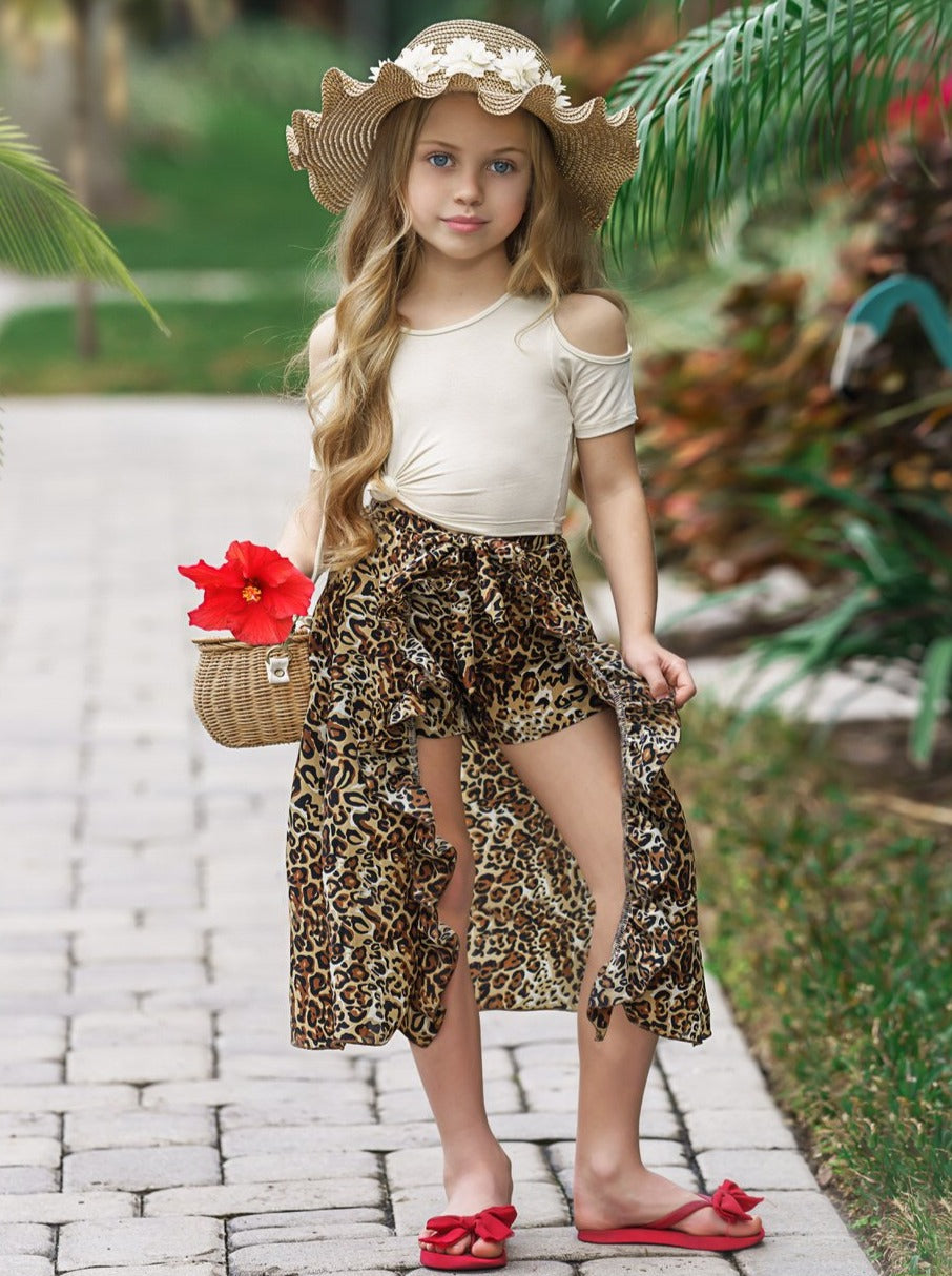 Girls Cold Shoulder Top and Ruffled Skirted Shorts Set - Brown / 2T/3T - Girls Spring Casual Set