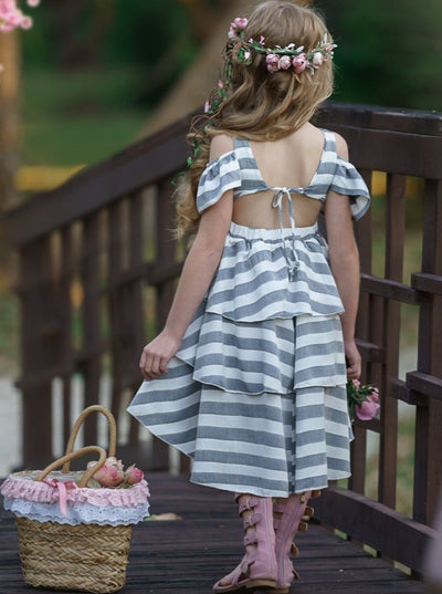 Girls Spring striped dress features cold-shoulders and a triple-layered hi-lo skirt - 2T/3T - 10Y/12Y