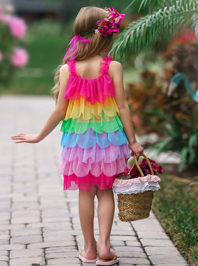 girls spring multilayer tulle rainbow dress 2T-10Y