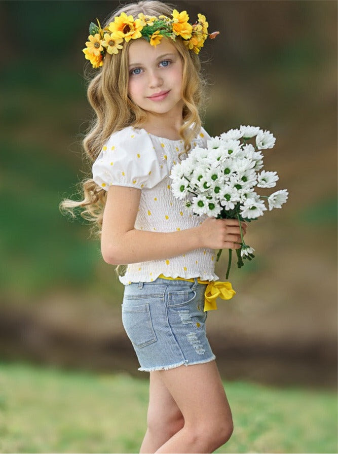 Cute Toddler Outfit | Little Girls Daisy Smock Top & Denim Shorts Set