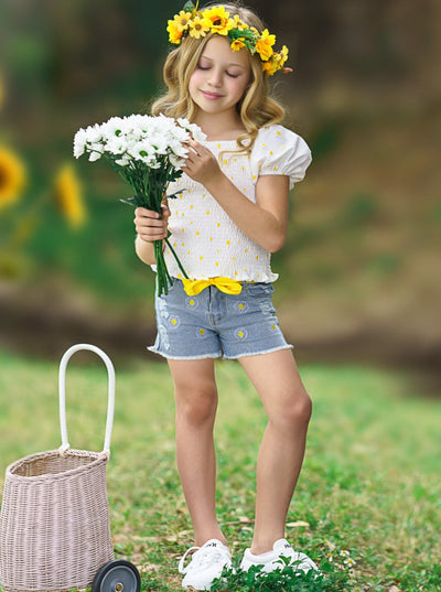 Cute Toddler Outfit | Little Girls Daisy Smock Top & Denim Shorts Set