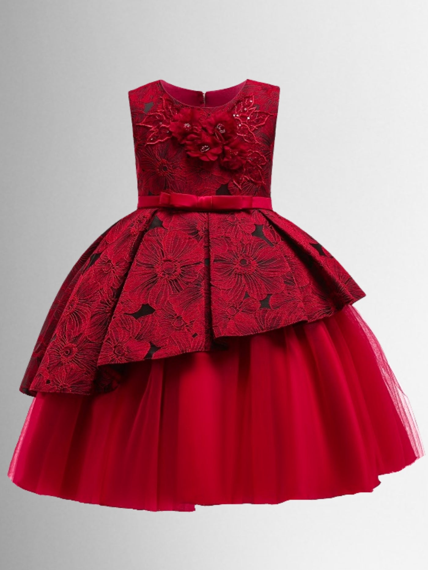 Girls Floral Print Pleated Tulle Holiday Dress