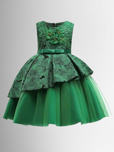 Girls Floral Print Pleated Tulle Holiday Dress