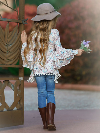 Butterfly Print Tiered Sleeve Sidetail Tunic | Mia Belle Girls