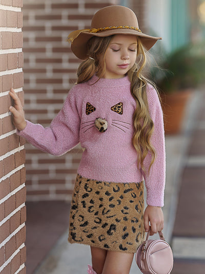 Little Girls Fall Outfits | Kitty Sweater & Skirt Set | Mia Belle Girls