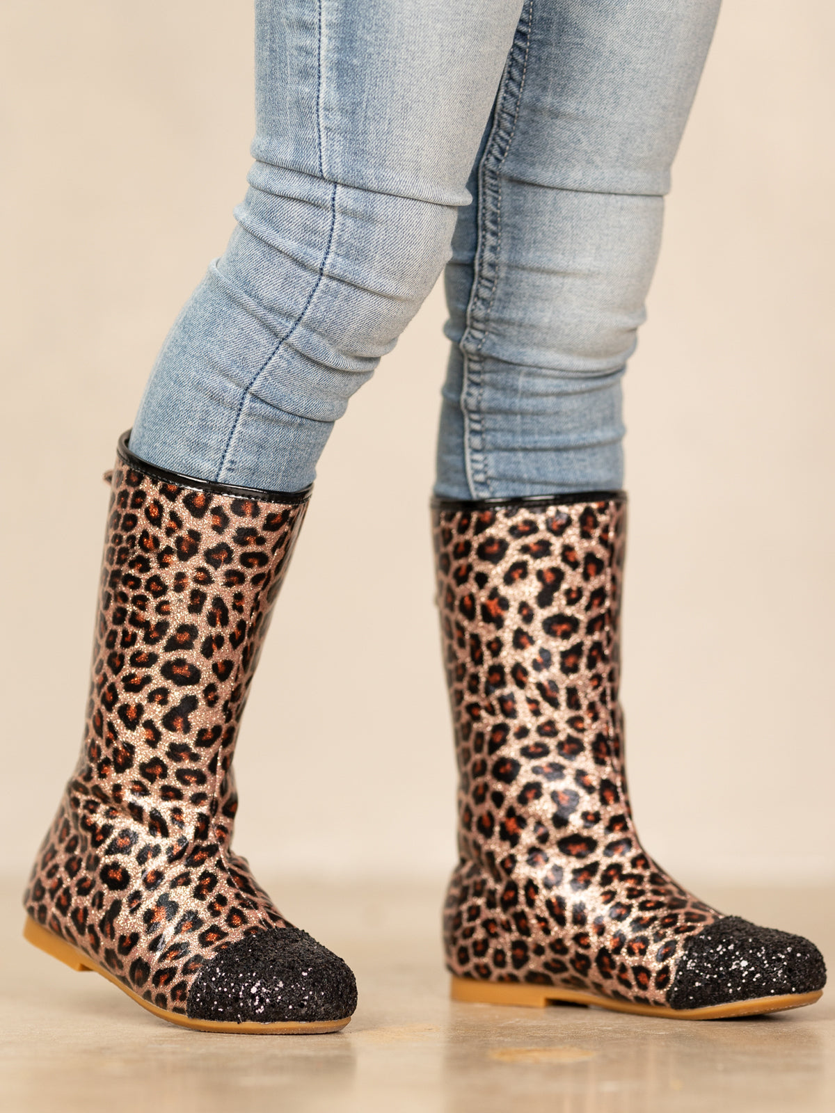 Girls Leopard Print Black Glitter Cap Toe Boots By Liv and Mia