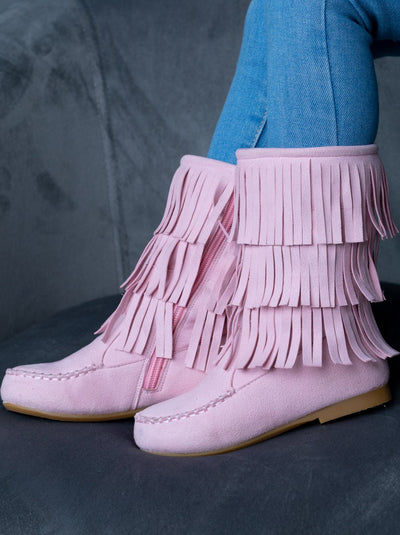 Girls Pink Suede Tiered Fringe Boots By Liv and Mia