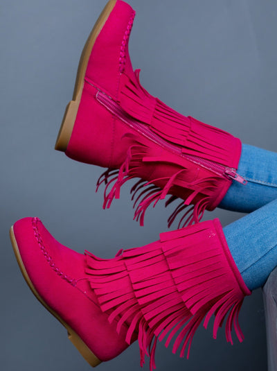 Girls Hot Pink Suede Tiered Fringe Boots By Liv and Mia