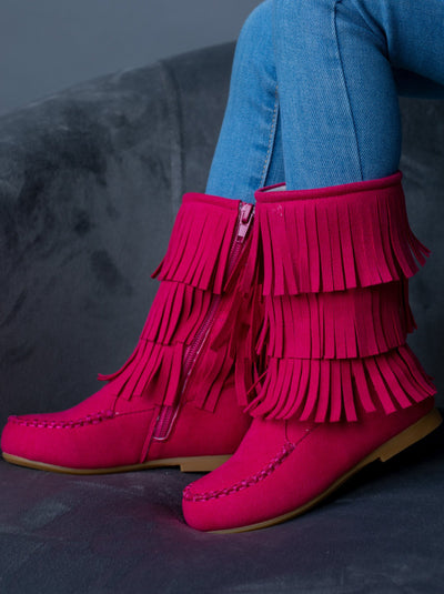 Girls Hot Pink Suede Tiered Fringe Boots By Liv and Mia