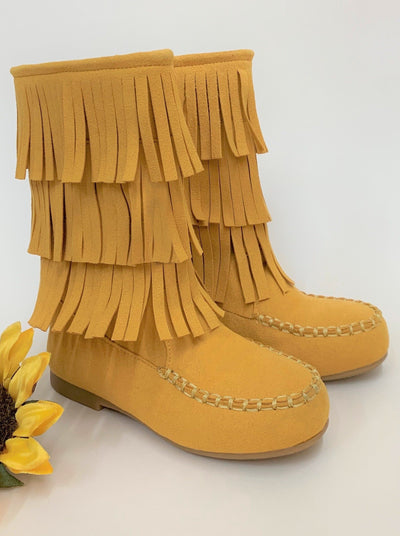 Girls Brown Fringe Boots By Liv and Mia - yellow