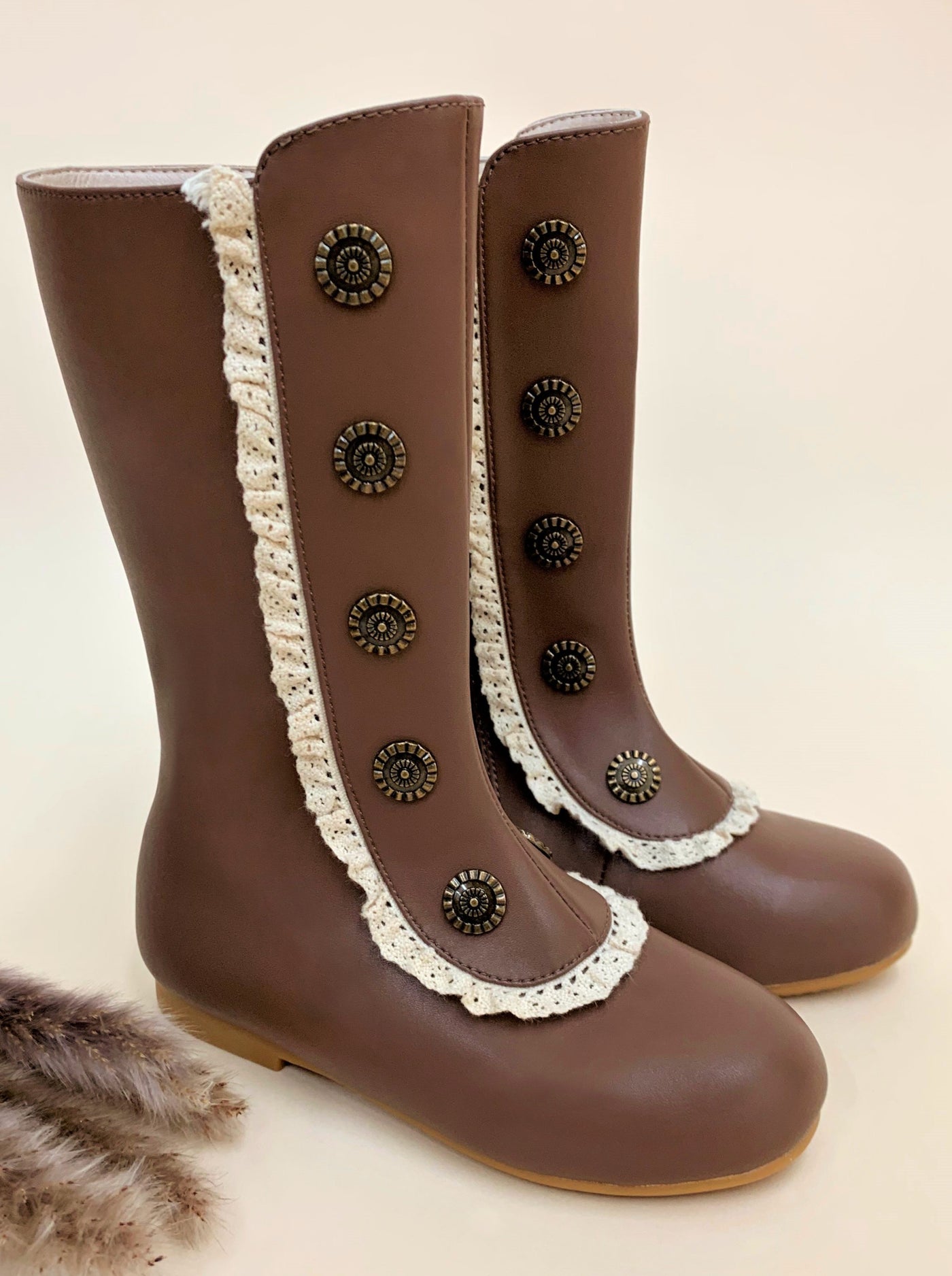 Girls Boots feature ruffle and faux buttons brown