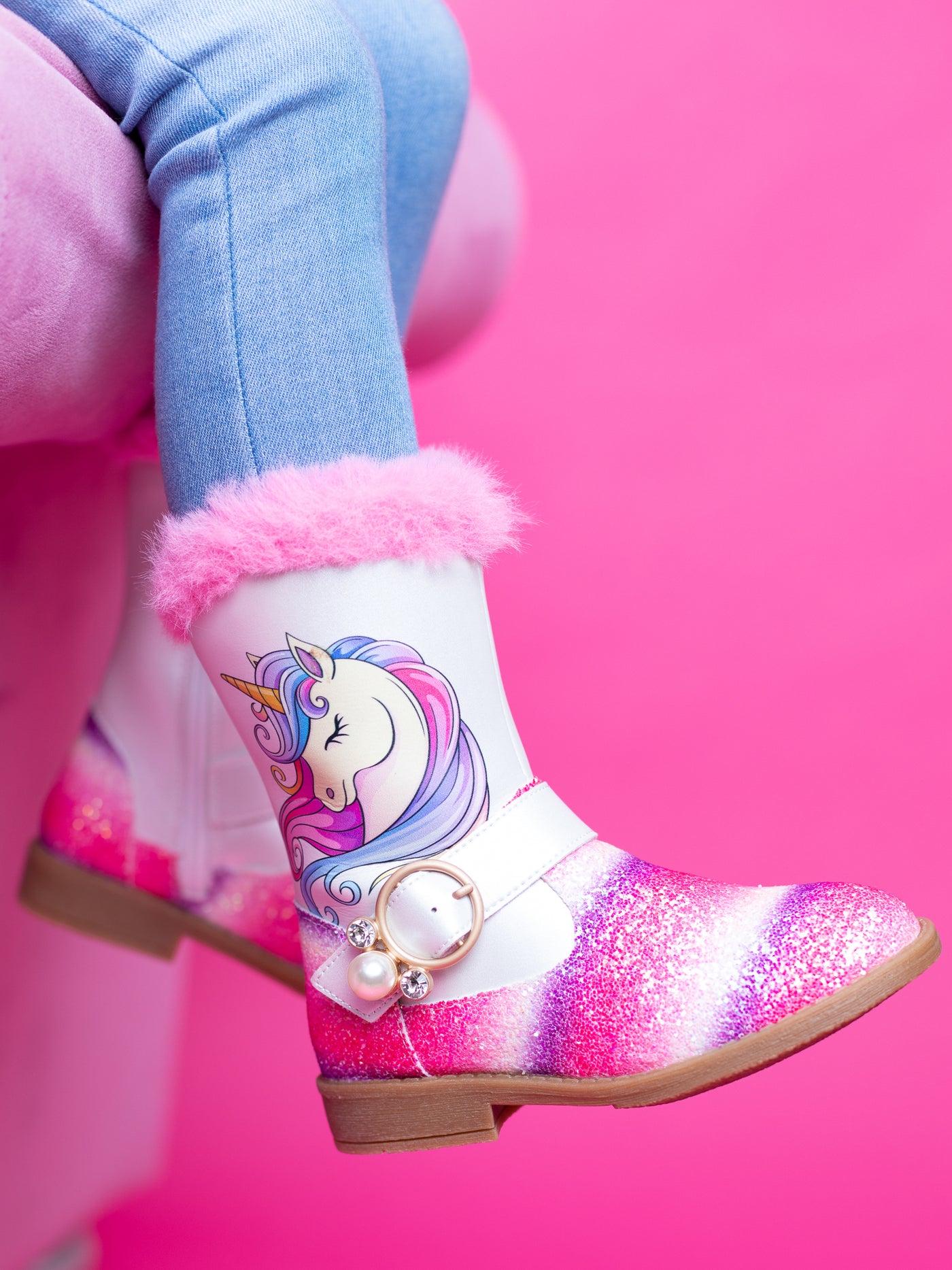 Girls Unicorn Glitter Boots with Faux Fur Trim By Liv and Mia