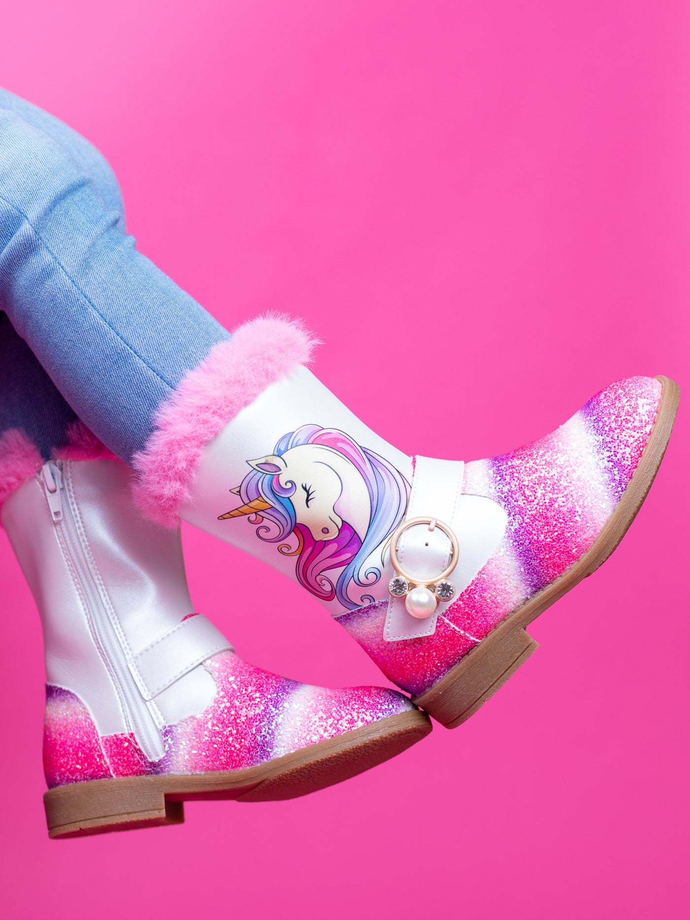 Girls Unicorn Glitter Boots with Faux Fur Trim By Liv and Mia