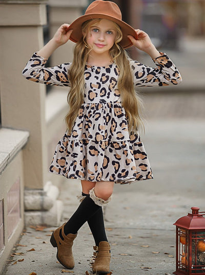Girls Casual Fall Dresses | Leopard Print Long Sleeve Ruffle Dress 
