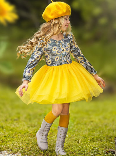 Little girls fall boho chic long-sleeved tutu dress with floral/camo print bodice with ruffled details and a yellow gathered tulle skirt - Mia Belle Girls