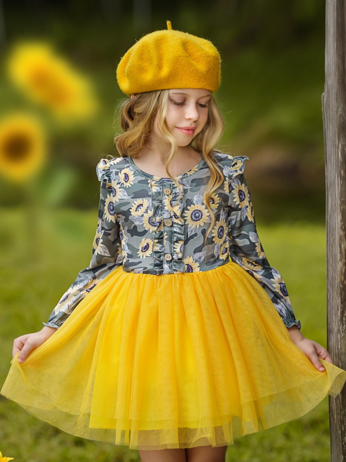 Little girls fall boho chic long-sleeved tutu dress with floral/camo print bodice with ruffled details and a yellow gathered tulle skirt - Mia Belle Girls