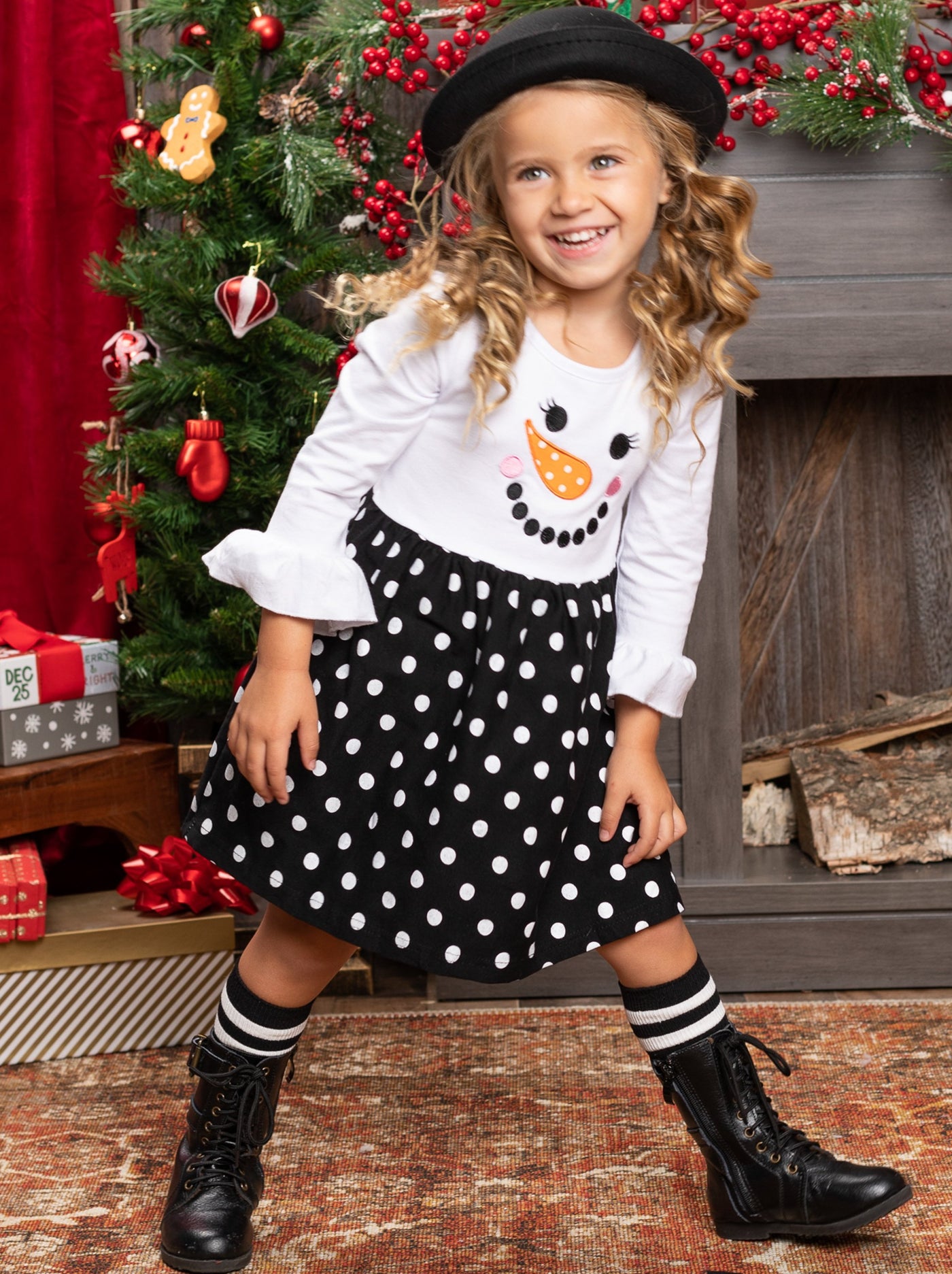 Cute Winter Dress | Girls Happy Snowman Ruffle Sleeve Polka Dot Dress