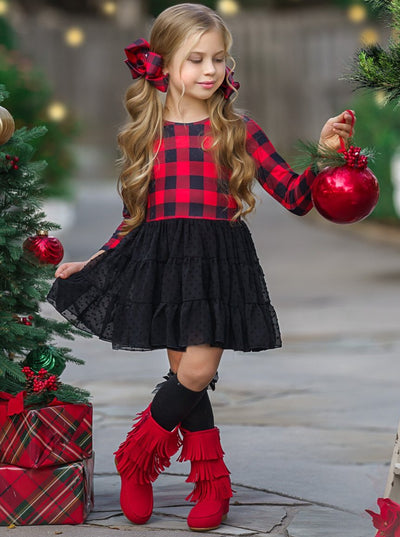 Cute Winter Dresses | Girls Plaid Swiss Dot Holiday Tutu Dress