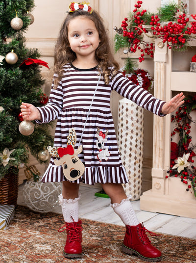 Girls Cutest Rudolph Striped Dress, Purse and Hair Bow SetCute Winter Sets | Girls Striped Reindeer Dress, Purse & Hair Bow Set