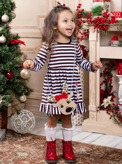 Cute Winter Sets | Girls Striped Reindeer Dress, Purse & Hair Bow Set