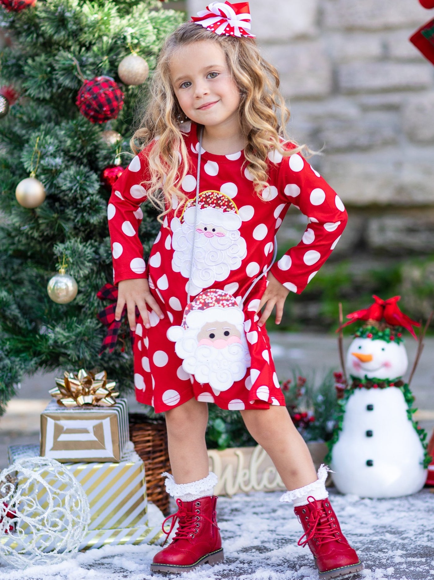 Cute Winter Sets | Girls Santa Polka Dot Dress, Purse and Hair Bow Set