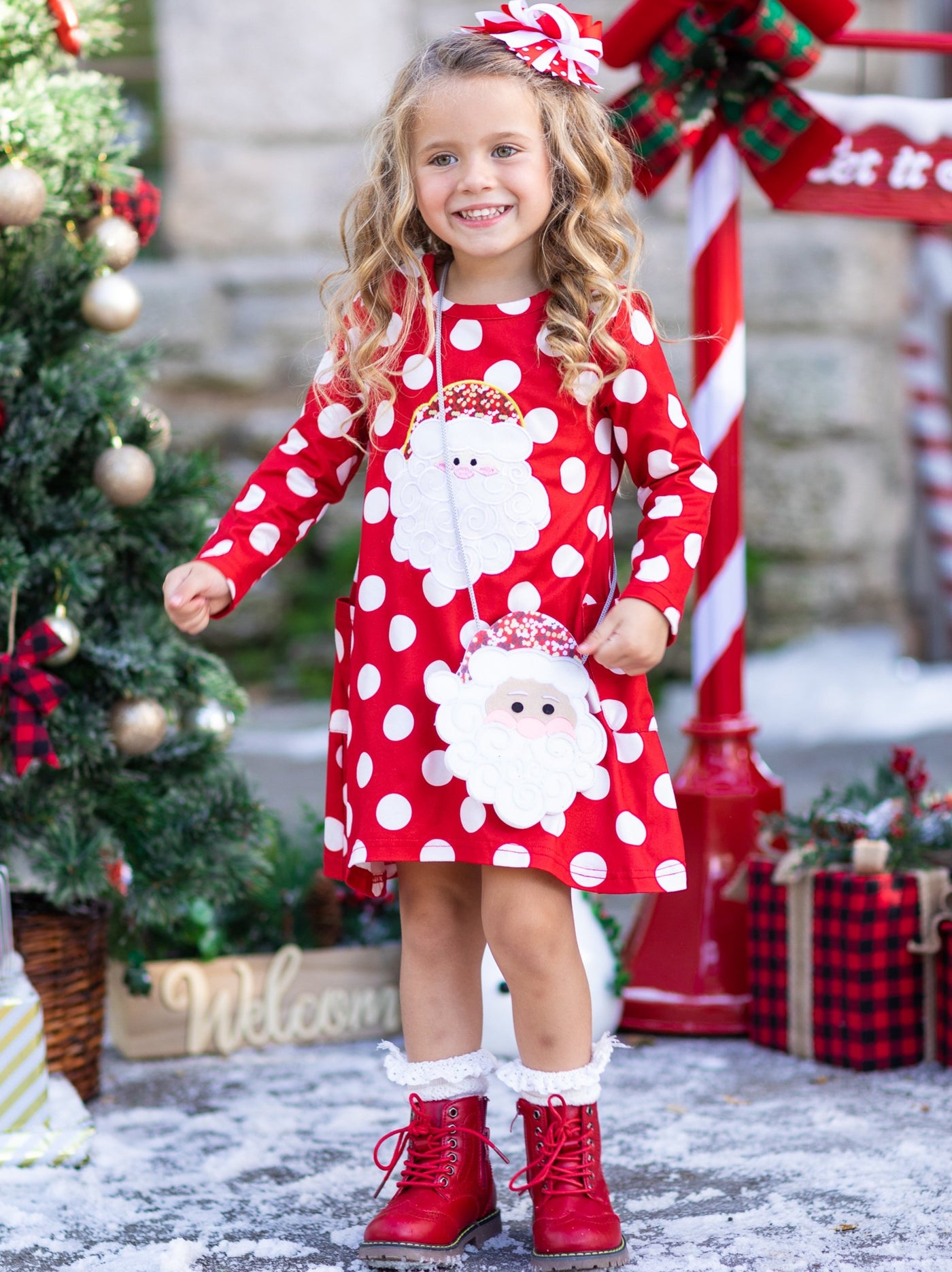 Cute Winter Sets | Girls Santa Polka Dot Dress, Purse and Hair Bow Set