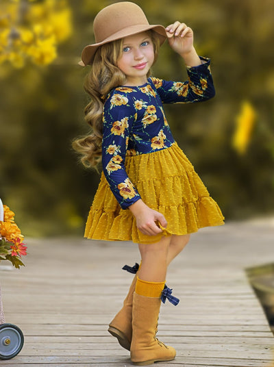 Little girls fall boho long-sleeved tutu dress with floral print bodice, keyhole necktie, and swiss tulle ruffle skirt - Mia Belle Girls