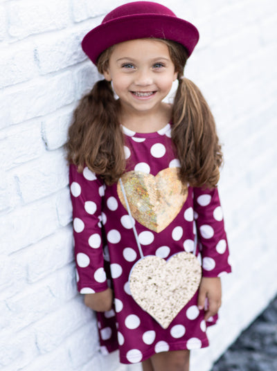 Kids Valentine's Clothes | Sequin Heart Polka Dot Dress & Purse Set