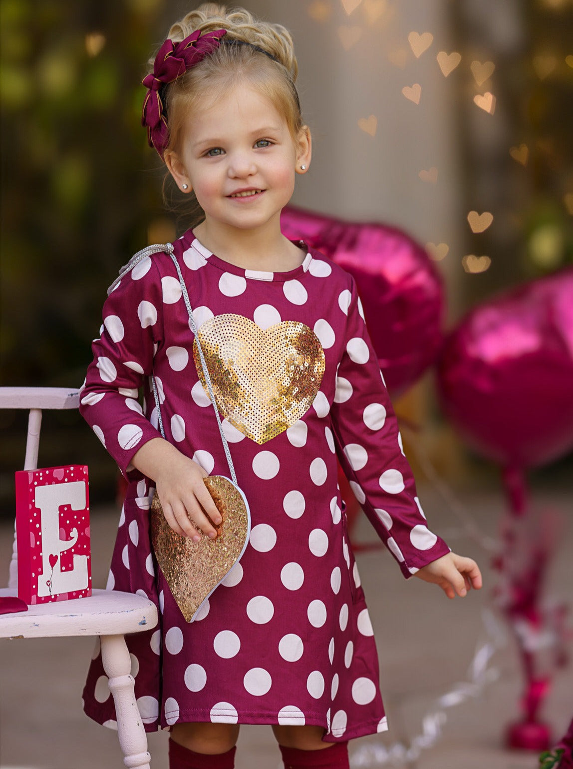 Kids Valentine's Clothes | Sequin Heart Polka Dot Dress & Purse Set