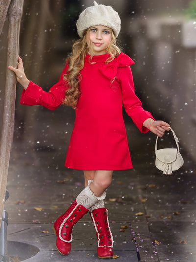 Little girls fall long-sleeve A-line dress with a wide turtle neck, large bow detail, and ruffled scuffs - Mia Belle Girls