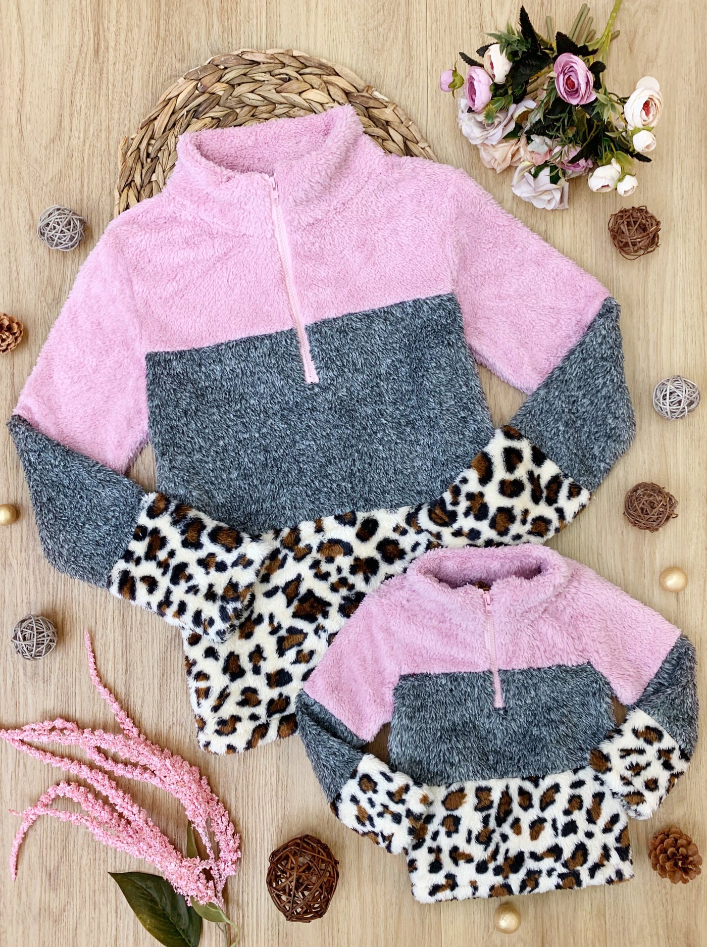 Mommy and Me Matching Sweaters | Leopard Colorblock Fleece Pullovers
