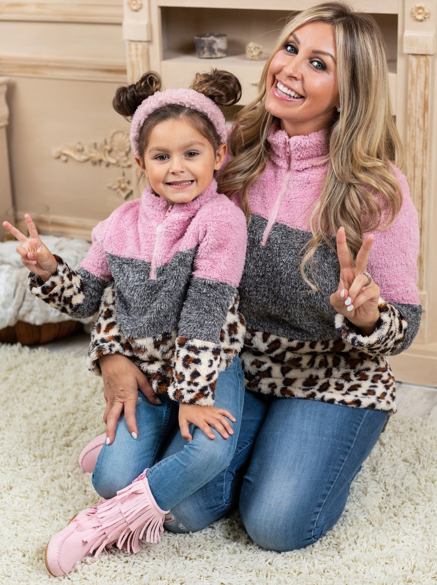 Mommy and Me Matching Sweaters | Leopard Colorblock Fleece Pullovers