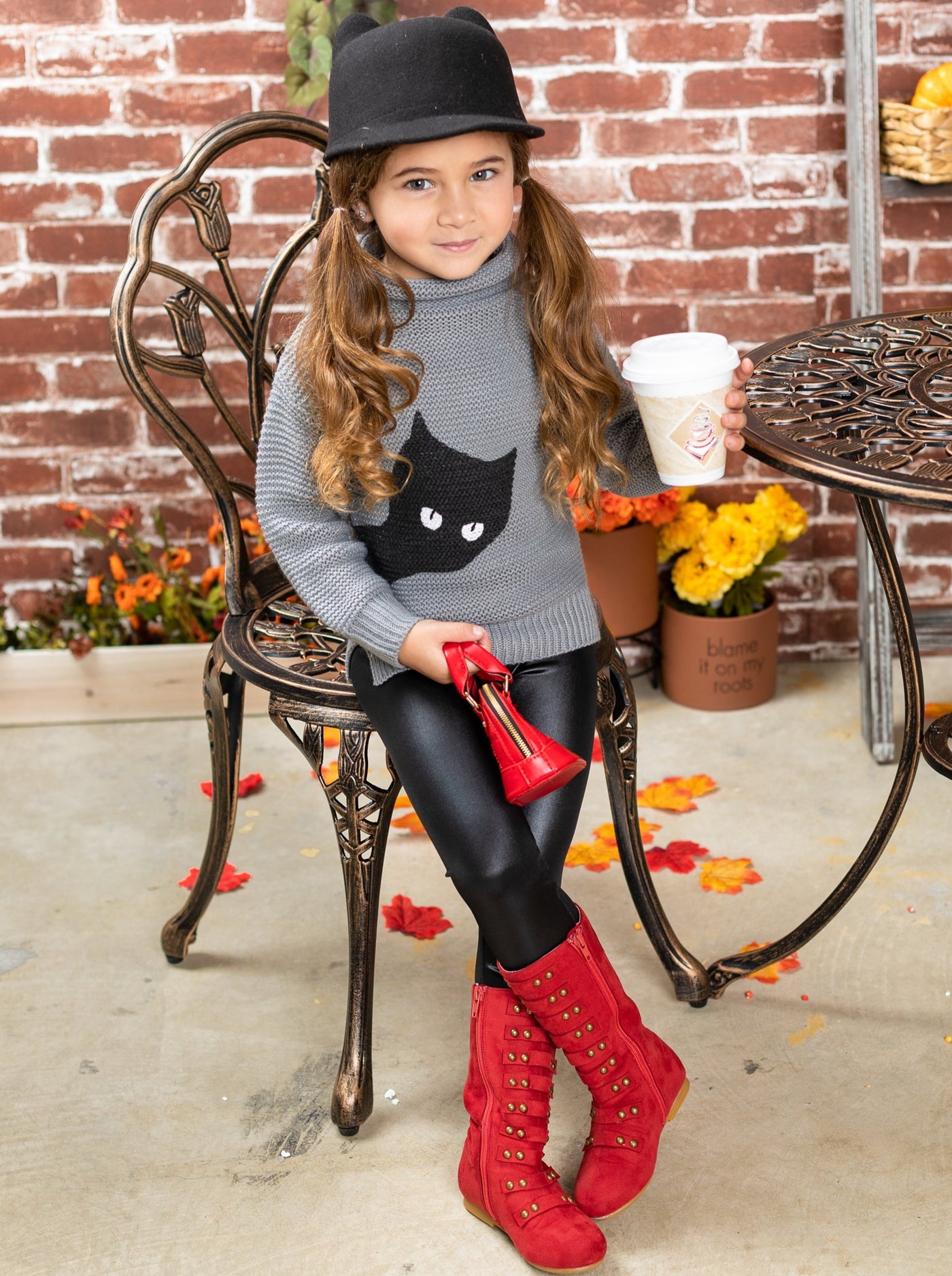 Girls Sweaters | Chunky Knit Cat Turtleneck Sweater | Mia Belle Girls
