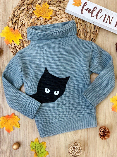 Girls Sweaters | Chunky Knit Cat Turtleneck Sweater | Mia Belle Girls