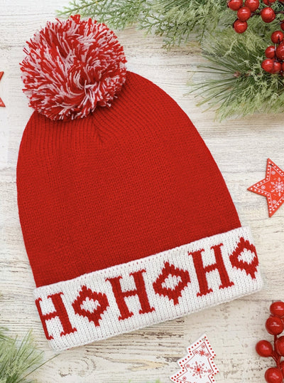 Cute Christmas Accessories | Little Girls Ho Ho Ho Knit Bobble Hat 