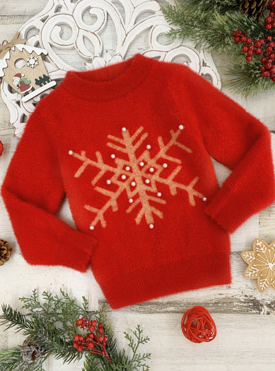 Cozy Winter Sweaters | Girls Red Snowflake & Pearls Fuzzy Sweater 