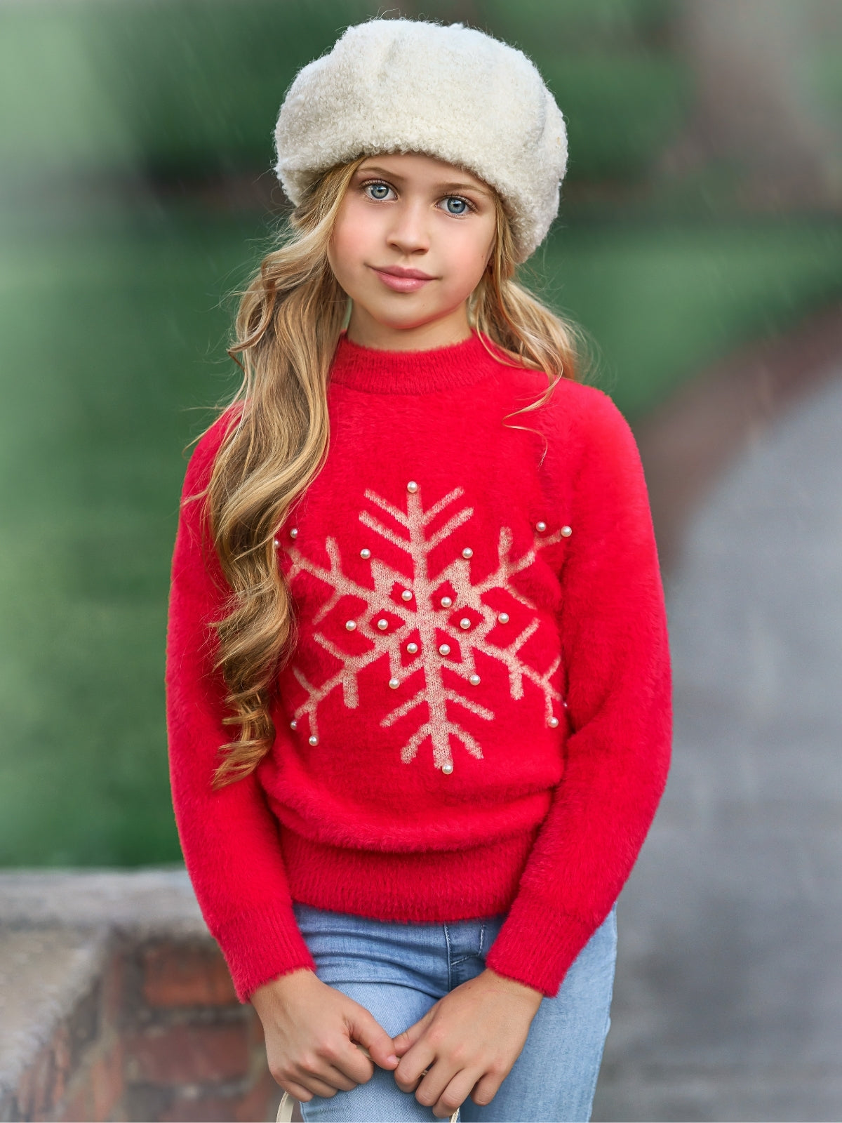Cozy Winter Sweaters | Girls Red Snowflake & Pearls Fuzzy Sweater 