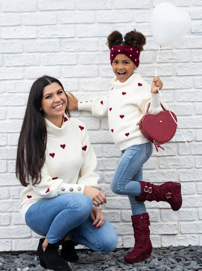 Mommy & Me Sweaters | Heart Print Turtleneck Sweater | Mia Belle Girls